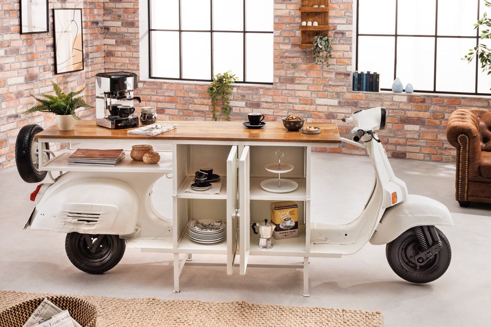 Extravaganter Barschrank SCOOTER 250cm weiß Retro-Konsole Motorroller mit Mangoholz Upcycling