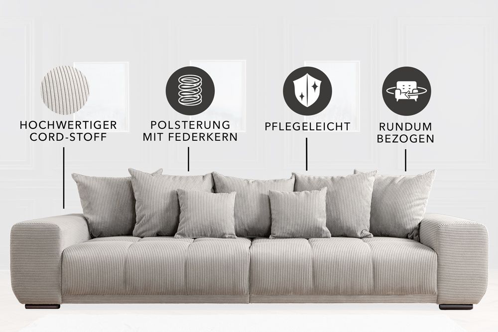 Modernes XXL Sofa ELEGANCIA 285cm champagner beige Cord inklusive Kissen Bigsofa