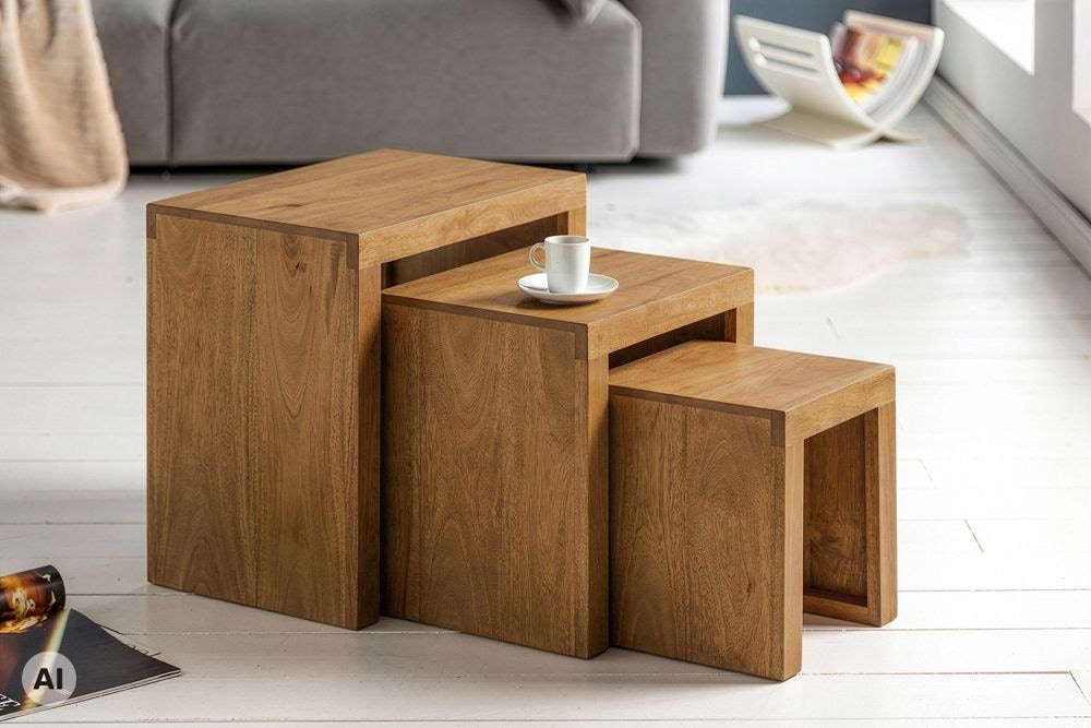 Massives 3er-Set Beistelltische MAKASSAR 45cm natur honey finish Mangoholz