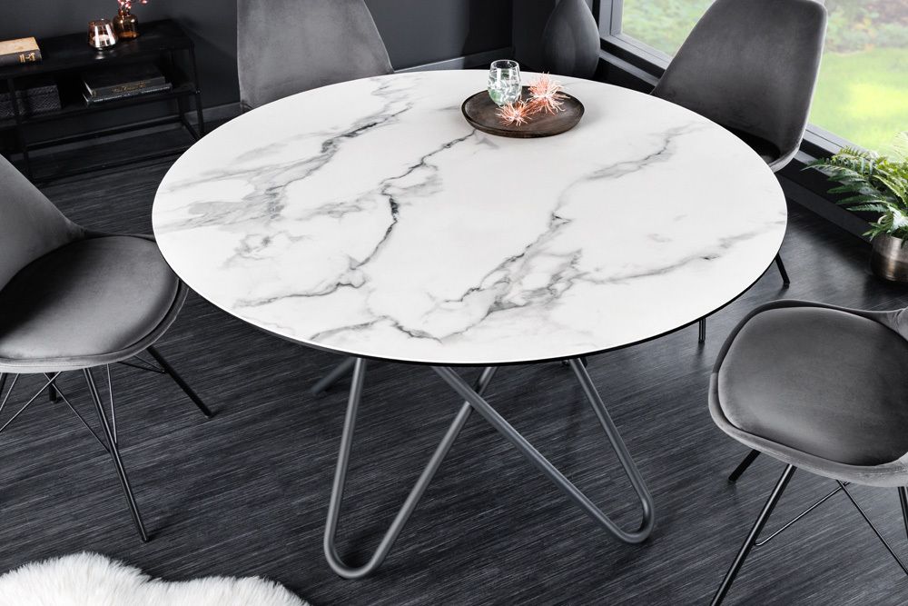 Runder Esstisch ELLIPSE 120cm Marmor weiß Keramik made in Italy Hairpin Legs