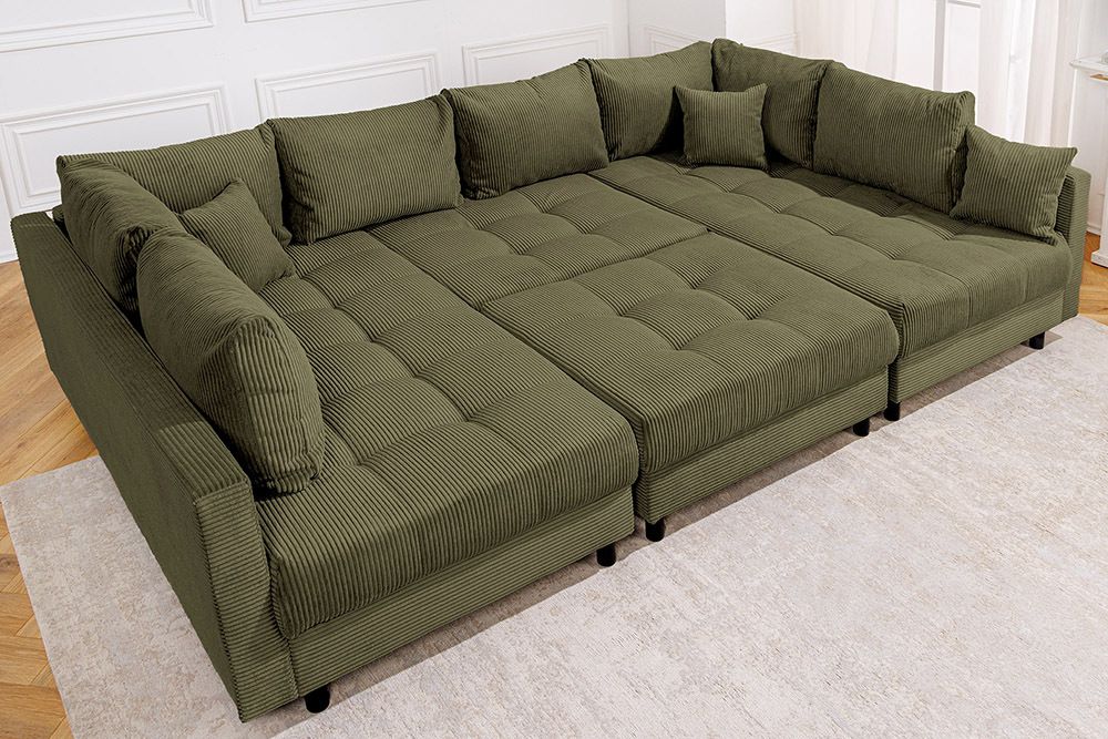Moderne XXL Wohnlandschaft KENT 305cm grün Cord Bigsofa inkl. Hocker Federkern