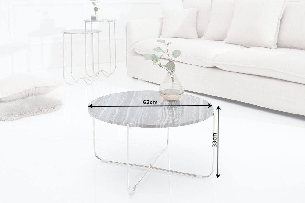 Exklusiver Couchtisch NOBLE 65cm grau echter Marmor rund silber Metall