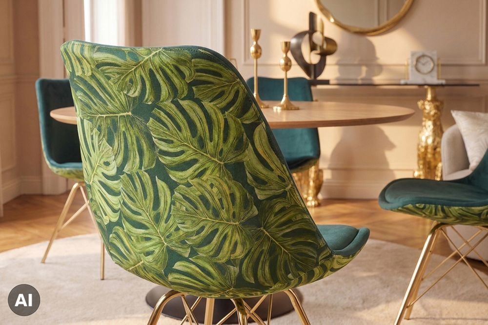 Design Stuhl SCANDINAVIA MEISTERSTÜCK grün Chenille gold Metall Monstera-Blatt