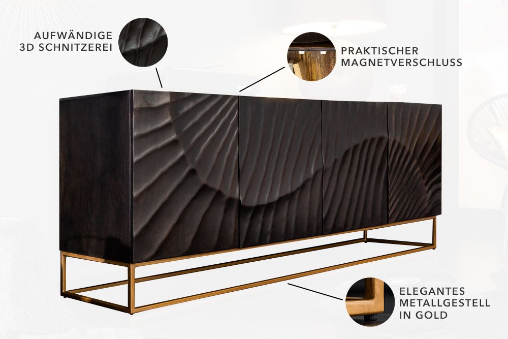 Massives Sideboard SCORPION 180cm schwarz Mangoholz aufwendige 3D Schnitzereien