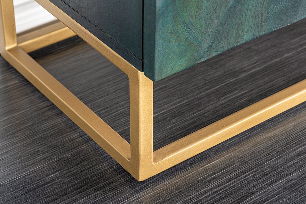 Massives Sideboard SCORPION 180cm türkis Mangoholz gold Metall 3D Schnitzereien