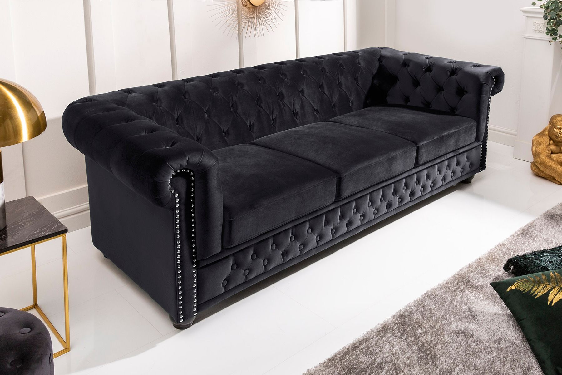 Barock Sofa CHESTERFIELD 205cm schwarz Samt Federkern Knopfheftung 3-Sitzer Couch