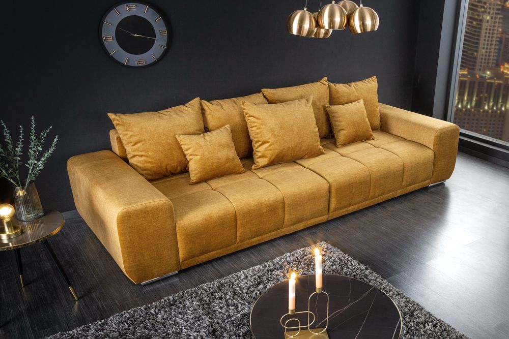 Big Sofa ELEGANCIA 285cm senfgelb Vogue Velours Samt XXL Couch inkl. Kissen Federkern
