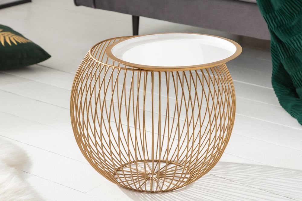 Runder Couchtisch STORAGE 40cm gold weiß Metall Tablett Beistelltisch mit Stauraum handmade