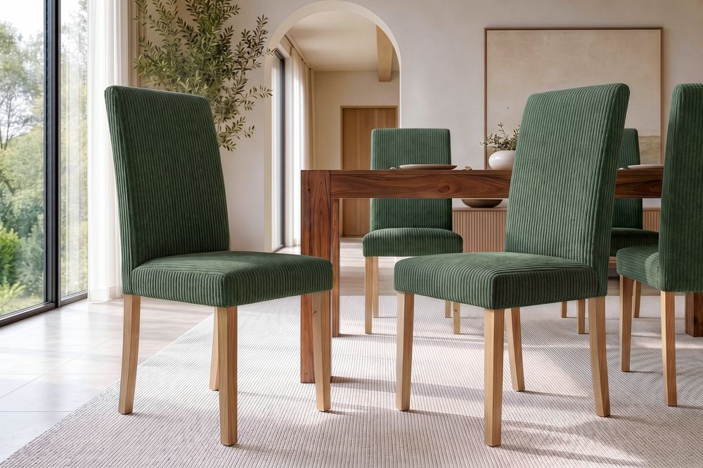 Design Stuhl GENUA grün Cord mit Massivholz-Beinen