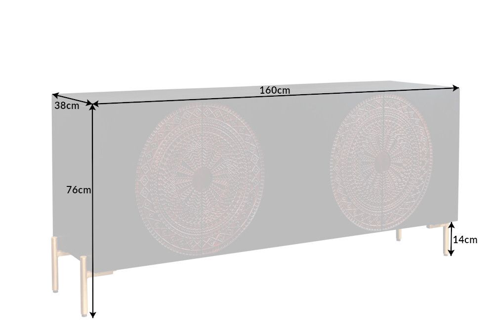 Massives Sideboard MANDALA 160cm Mangoholz schwarz mit 3D Schnitzereien goldene Füße
