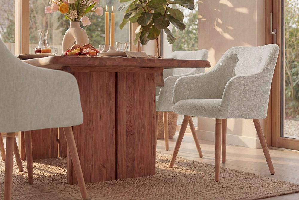 Nordischer Stuhl SCANDINAVIA MEISTERSTÜCK beige natur Strukturstoff Massivholzbeine