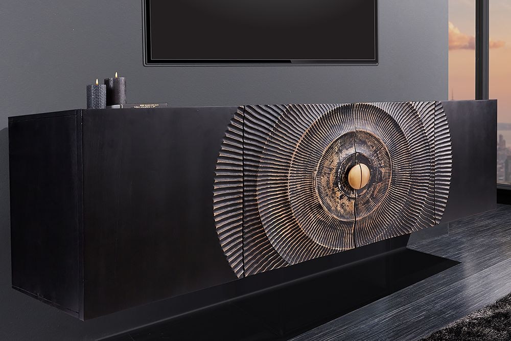Hängendes Sideboard GOLDEN SUNSET 180cm schwarz mit 3D Schnitzereien gold massiv Mangoholz handmade