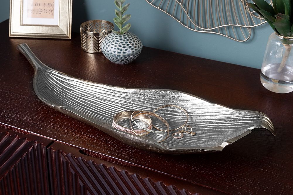Handgefertigte Deko Schale ABSTRACT LEAF 65cm silber Aluminium