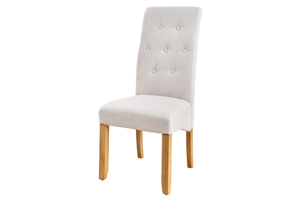 Design Stuhl CASA beige Leinen Massivholzbeine mit Zierknöpfen und Nackenrolle