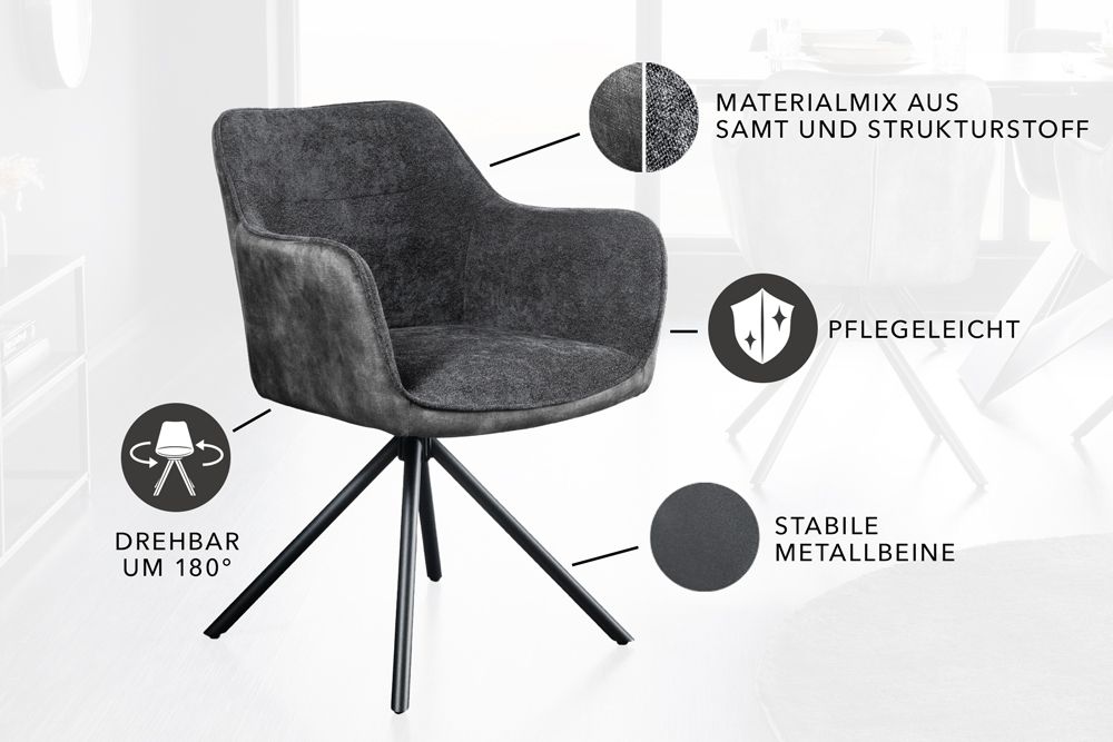 Drehbarer Stuhl VERONA dunkelgrau Samt Strukturstoff mit Armlehne Metallbeine schwarz