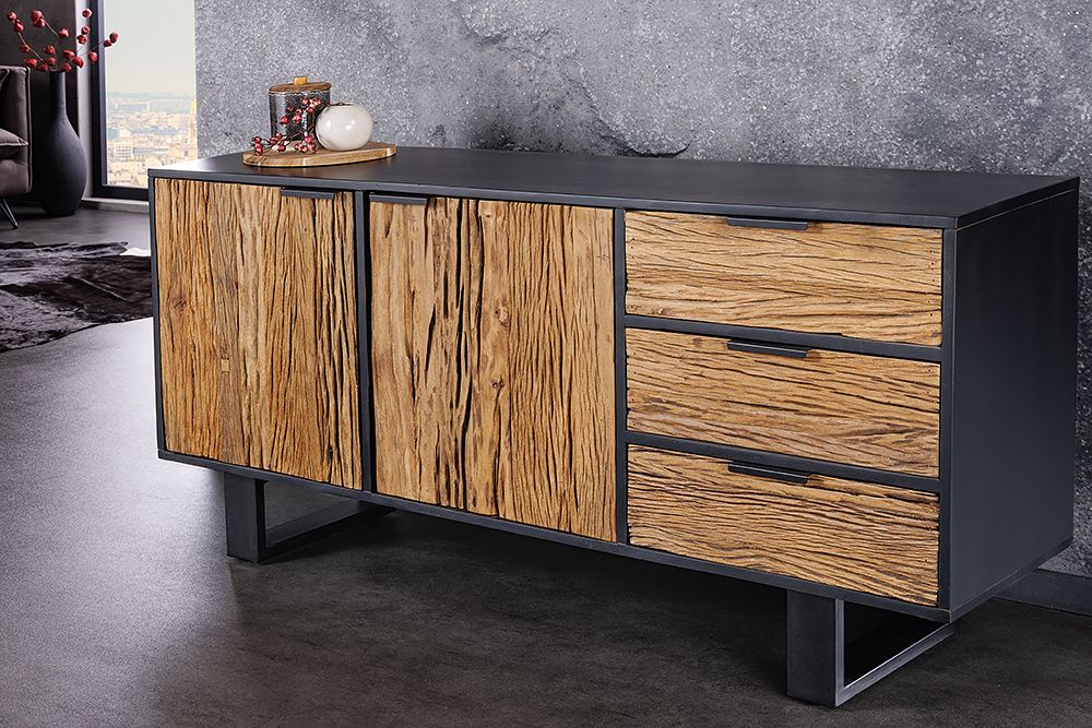 Massivholz Sideboard BARRACUDA 150cm Teak Mango schwarz Metall recycelt