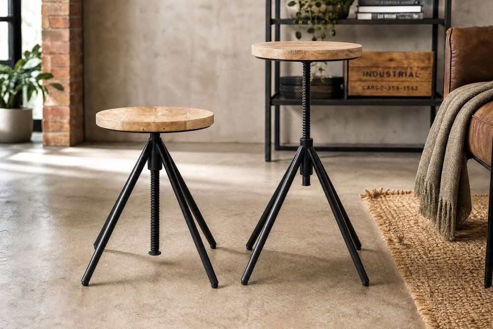Höhenverstellbarer Hocker FACTORY 60cm natur Mangoholz Metall Sitzhocker