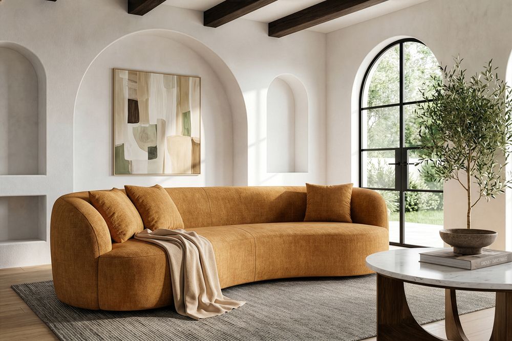Organisches Sofa ATELIER 230cm senfgelb Samt 3-Sitzer Couch inkl. Kissen