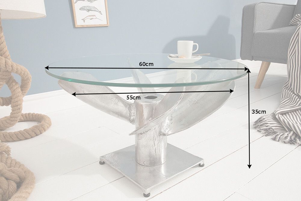 Maritimer Couchtisch OCEAN M 60cm silber antik rund Schiffsschraube Glasplatte