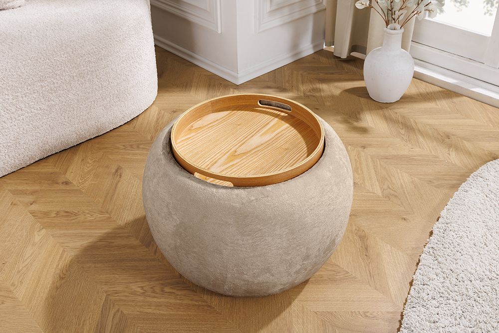 Runder Couchtisch ORBIT 50cm champagner-greige Bouclé Hocker mit Tablett und Stauraum