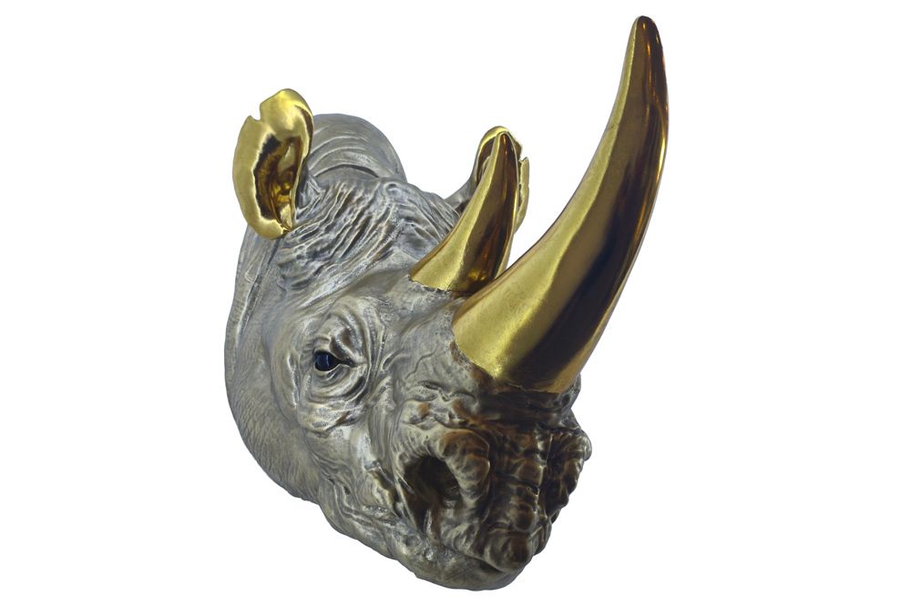 Deko-Wandfigur RHINO 60cm gold handmade Nashorn-Skulptur