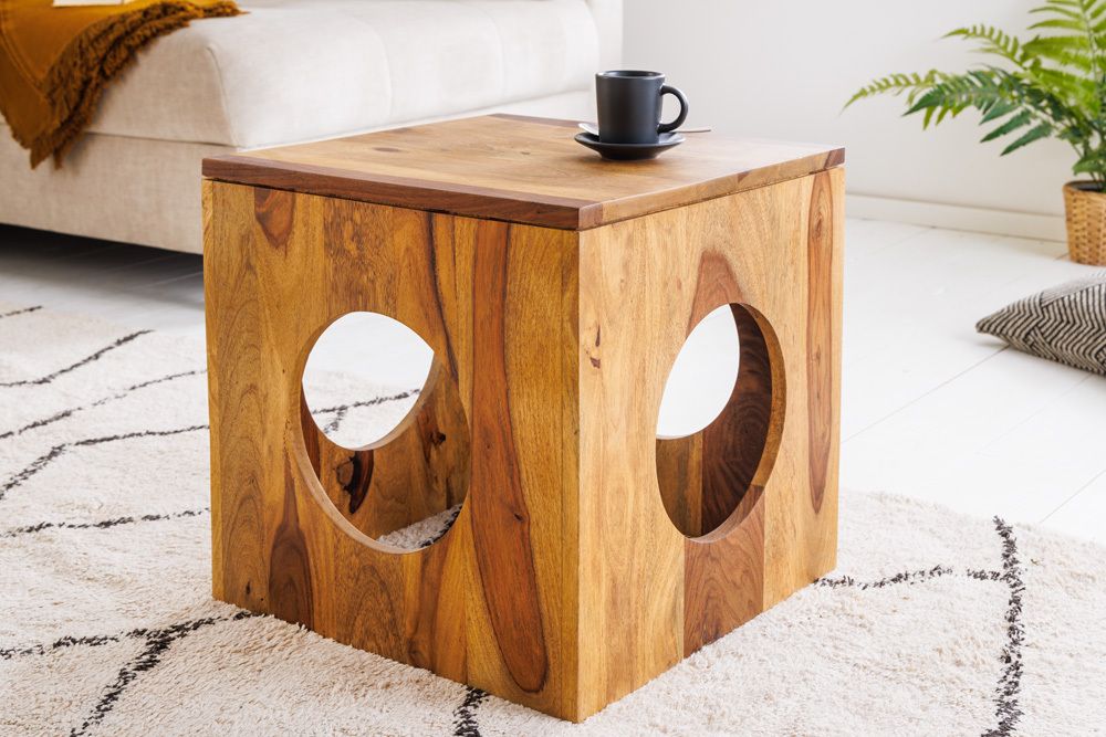 Massivholz Beistelltisch CUBUS 40cm Sheesham stone finish Hocker