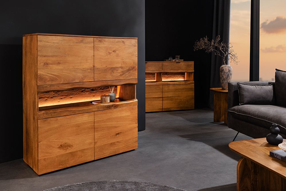 Massives Highboard GRAND 120cm braun Mangoholz mit LED-Beleuchtung