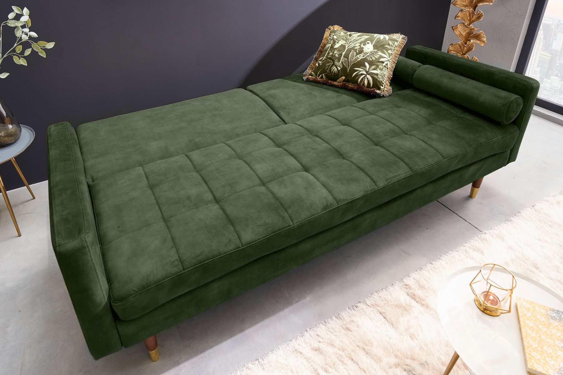 Modernes Schlafsofa COUTURE 200cm grün Microvelours 3-Sitzer Couch mit Schlaffunktion