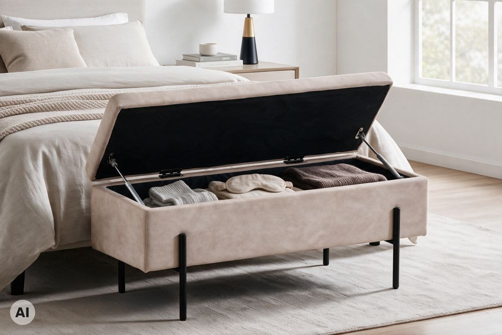 Truhenbank LOFT 100cm champagner Samt Sitzbank mit Stauraum schwarz Metall