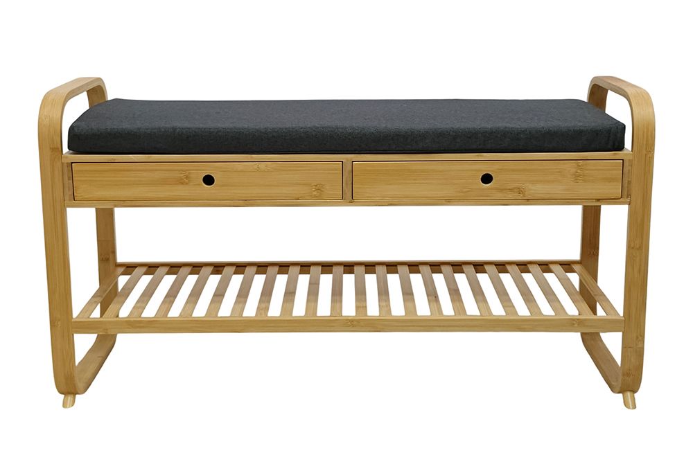 Stilvolle Schuhbank ZEN-BO 100cm natur grau Bambus Regal Sitzbank mit Schubladen