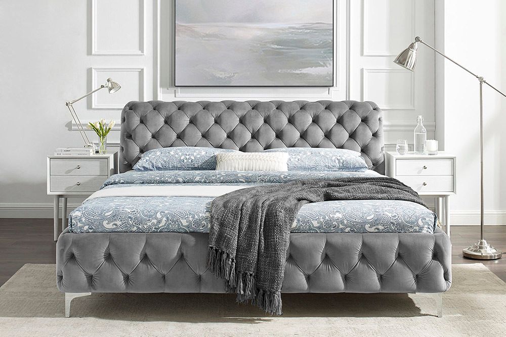 Doppelbett MODERN BAROCK 180x200cm grau Samt Chesterfield Design