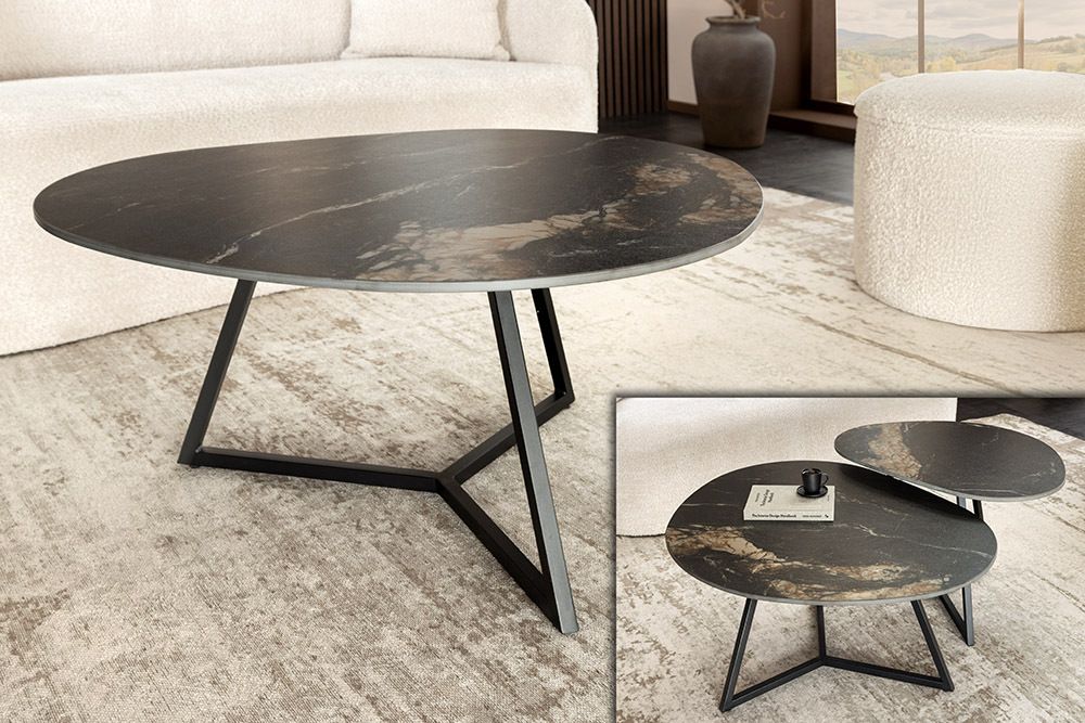 Design Couchtisch MARVELOUS 90cm schwarz gold sand Aurora Oro Keramik Metall
