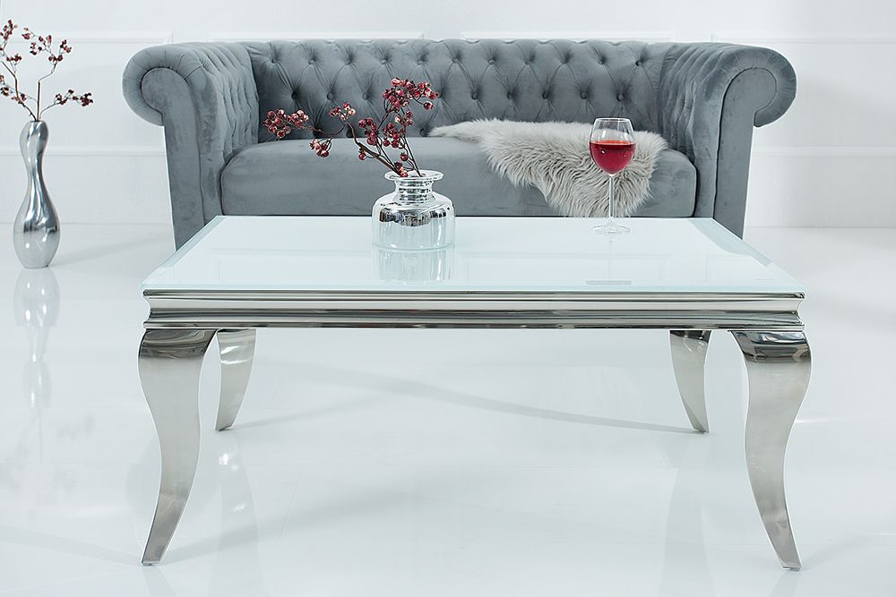 Eleganter Couchtisch MODERN BAROCK 100cm silber mit weißem Opalglas