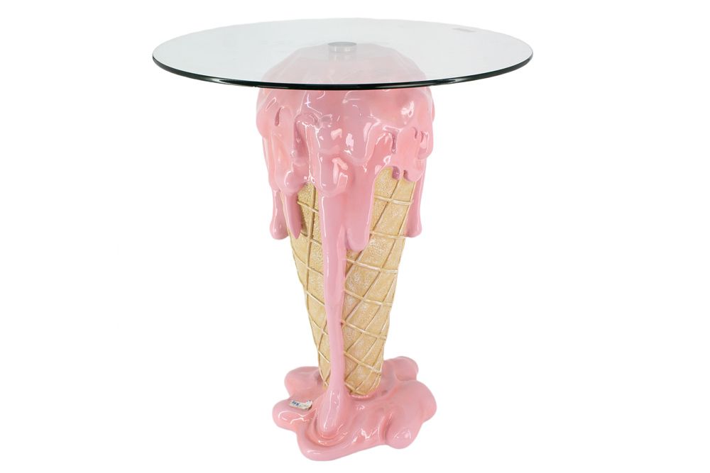 Einzigartiger Bistrotisch ICE CREAM 75cm beige rosa runde Tischplatte Glas handmade