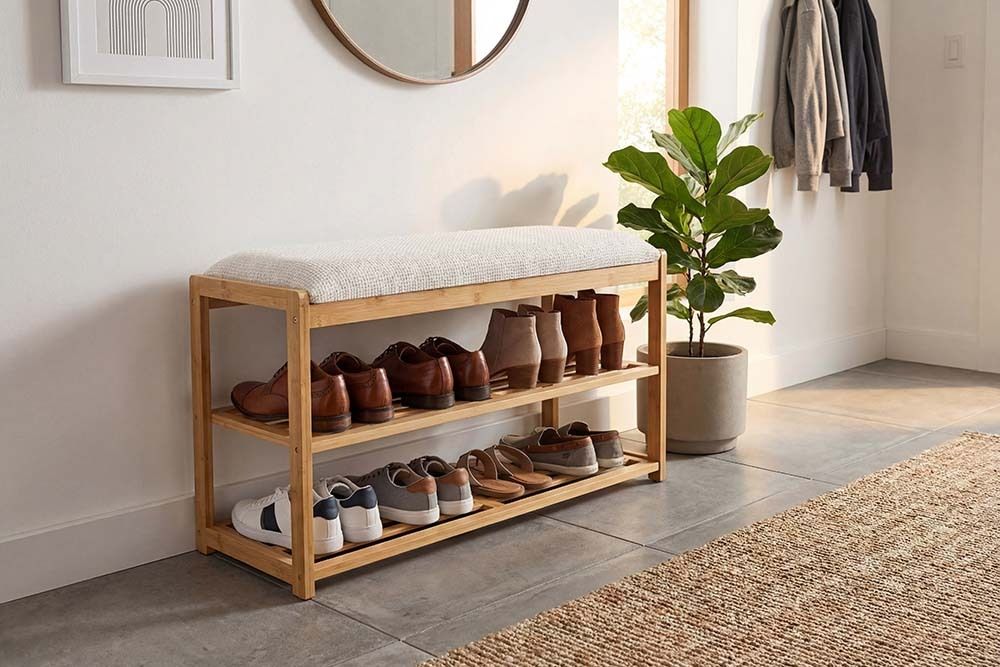 Stilvolle Schuhbank ZEN-BO 80cm natur beige Bambus Regal Sitzbank mit Stauraum