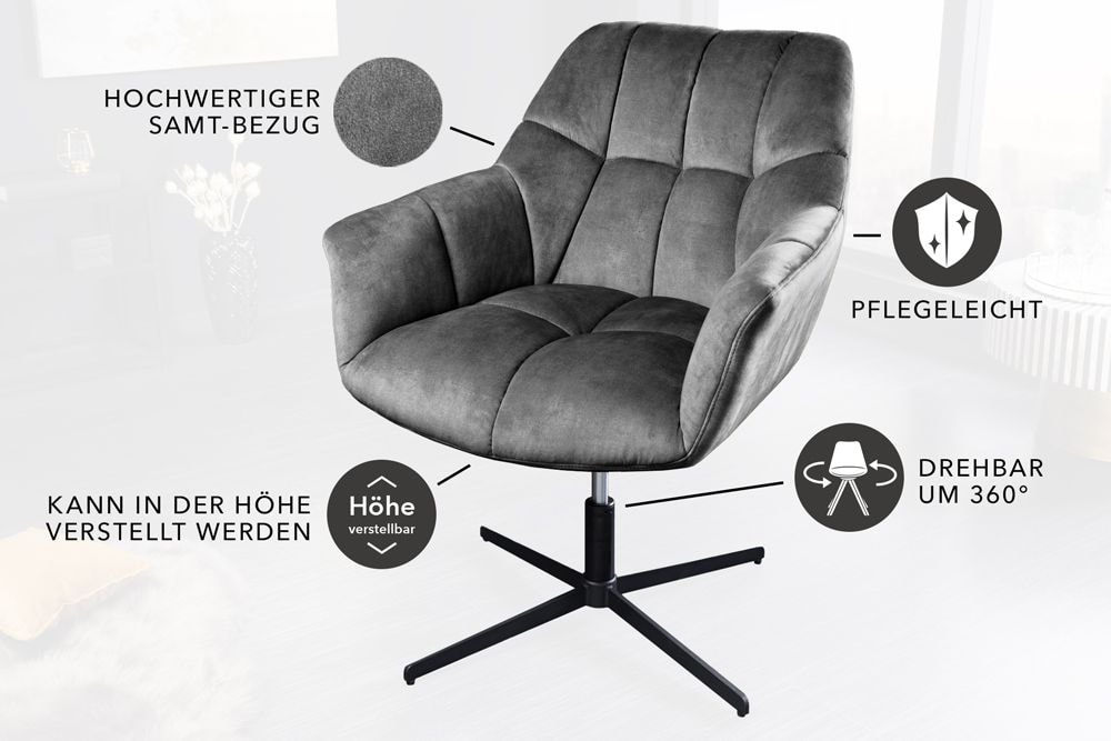 Drehbarer Sessel PAPILLON grau Samt schwarz Metall höhenverstellbar mit Armlehne