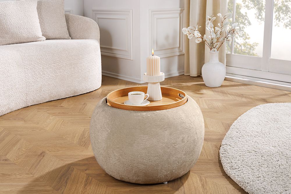 Runder Couchtisch ORBIT 50cm champagner-greige Bouclé Hocker mit Tablett und Stauraum