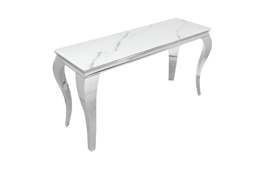 Eleganter Konsolentisch MODERN BAROCK 145cm mit Glasplatte Marmoroptik Edelstahlbeine