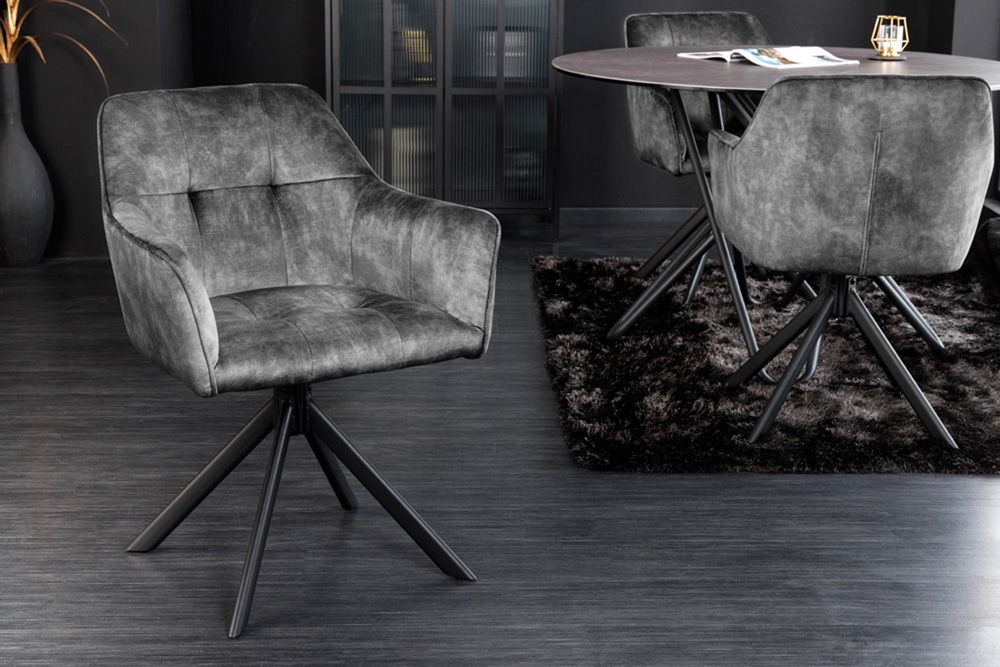 Design Stuhl LOFT dunkelgrau Samt drehbar Metallgestell schwarz mit Armlehne