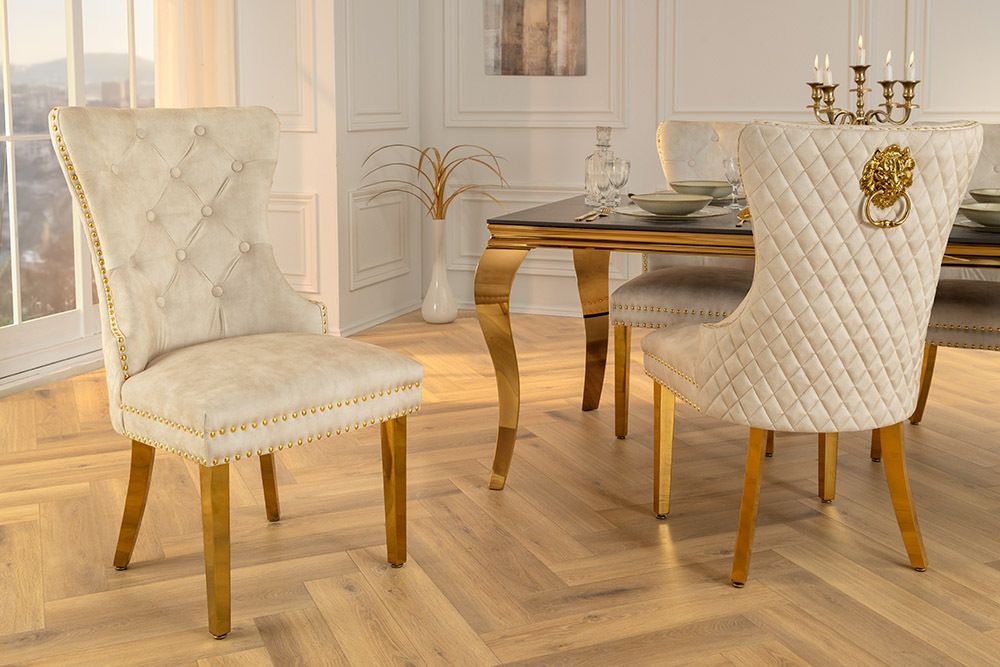Barock Stuhl CASTLE DELUXE beige Samt gold Edelstahl mit Löwenkopf Ziernieten
