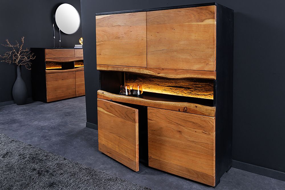 Massivholz Highboard GRAND ACACIA 120cm braun Akazie mit LED-Beleuchtung Baumkante