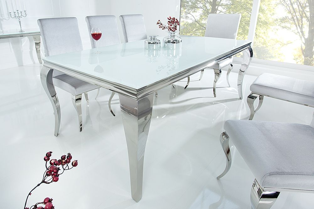 Design Esstisch MODERN BAROCK 200cm weiß Opalglas Tischplatte Edelstahl