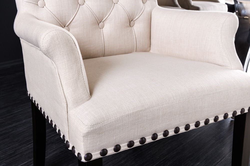 Design Stuhl CASTLE beige schwarz Strukturstoff Armlehnen Holzfüße