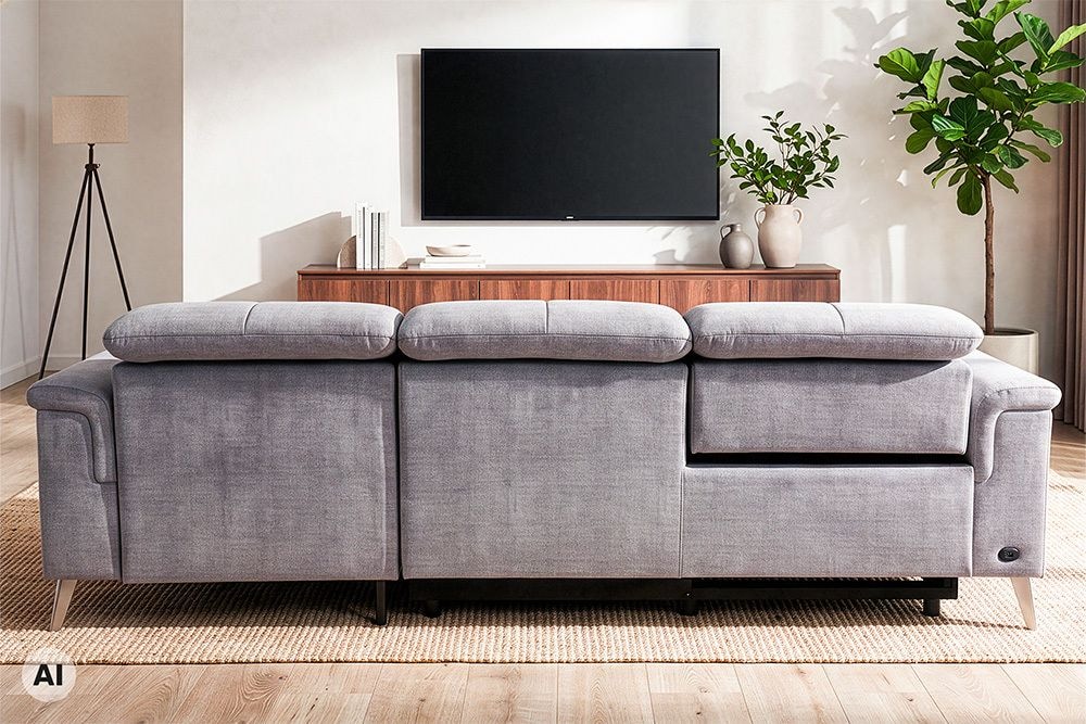 3-Sitzer Sofa IMPERIA 255cm grau Vogue Seiden Samtstoff elektrische Fußstütze