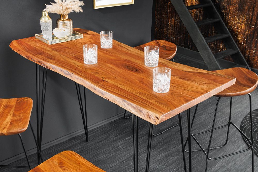 Massivholz Bartisch MAMMUT 140cm natur Akazie Baumkante Metall schwarz Hairpin Legs