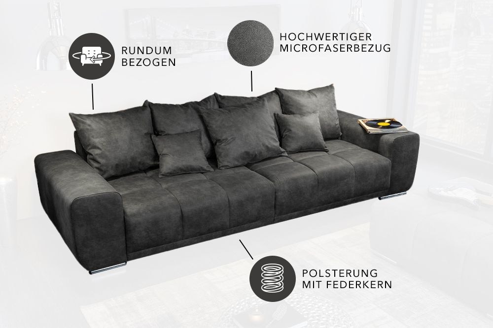 Big Sofa ELEGANCIA 285cm grau Microfaser XXL Couch inkl. Kissen Federkern