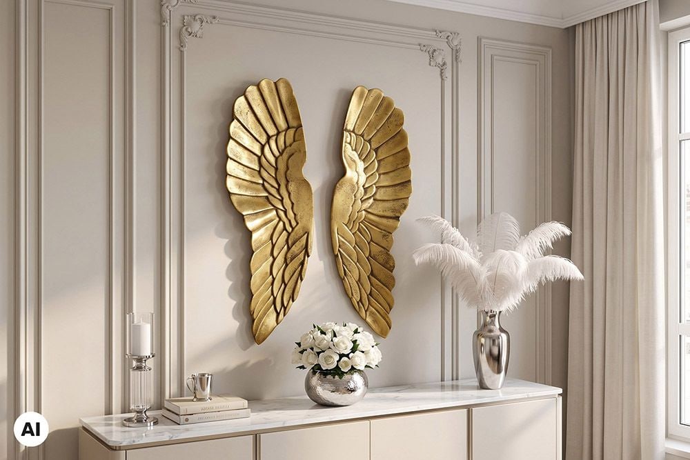 Große Wanddekoration FALLEN ANGEL 65cm antik goldene Engelsflügel