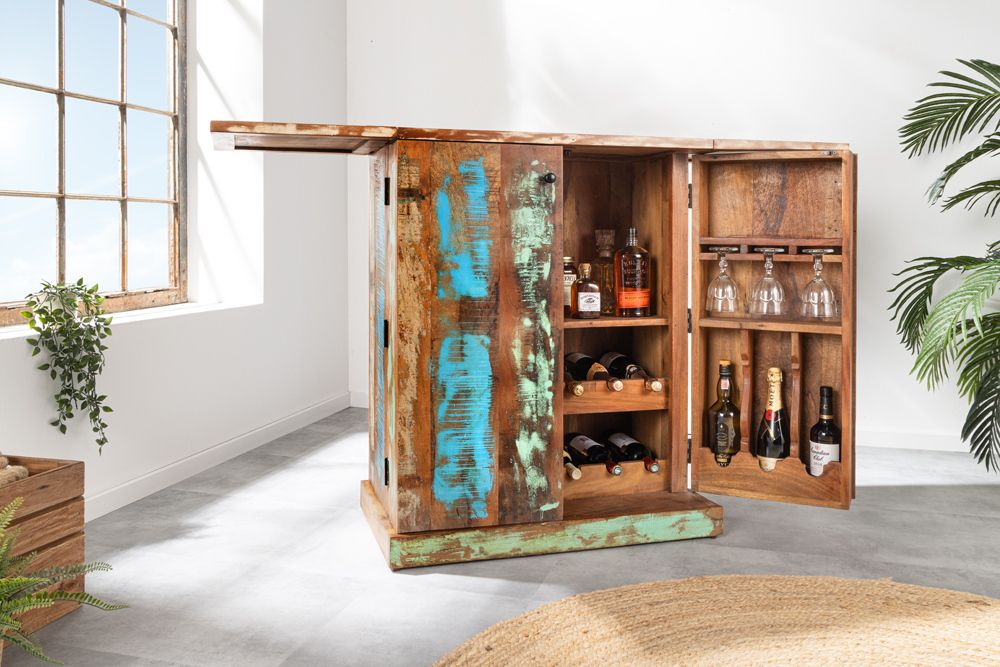 Einzigartiger Barschrank JAKARTA 100cm natur bunt recyceltes Massivholz aus Fischerbooten