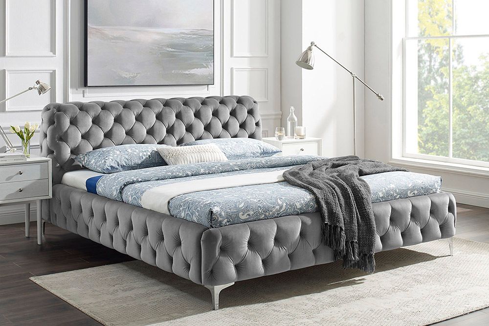 Doppelbett MODERN BAROCK 180x200cm grau Samt Chesterfield Design
