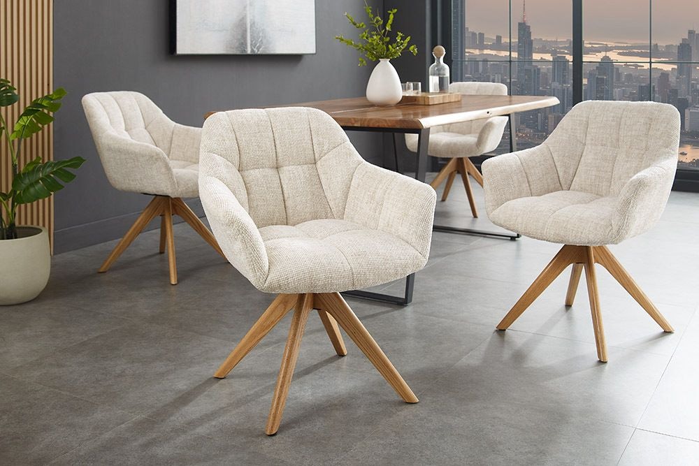 Drehbarer Stuhl PAPILLON champagner beige Chenille Cremona Eiche Massivholz